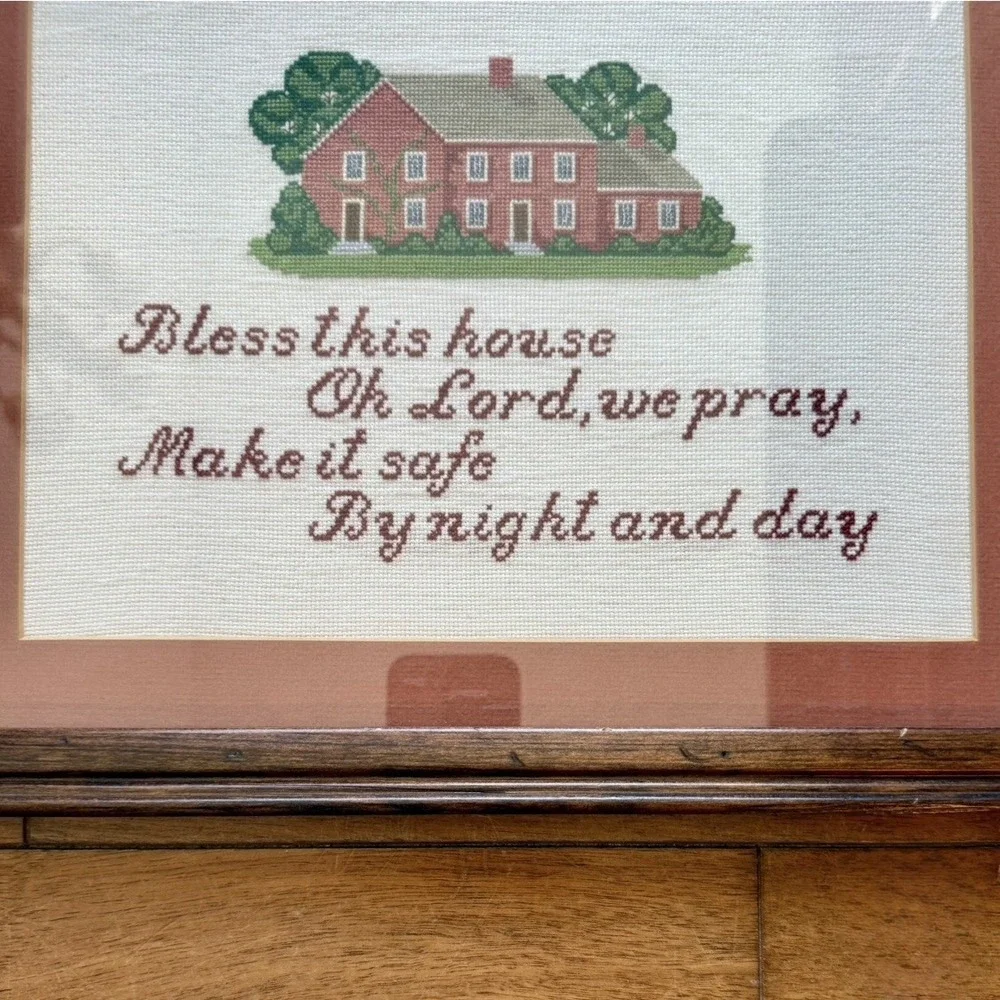 VTG 80s Framed Cross Stitch Needlepoint Bless This House 15x12